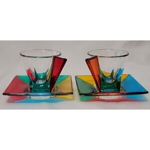 CC Zecchin Murano Italy Multicolor Art Glass Tea Cup and Square Saucer -Set of 2